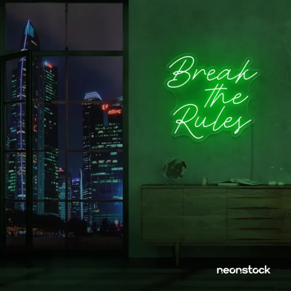 Break the Rules neon sign in deep green for rebellious decor, creative studios, and bold interiors.