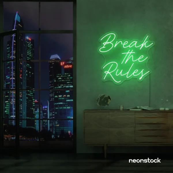 Break the Rules neon sign in green for rebellious decor, creative studios, and bold interiors.