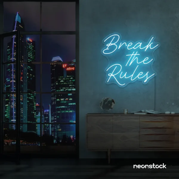 Break the Rules neon sign in ice blue for rebellious decor, creative studios, and bold interiors.