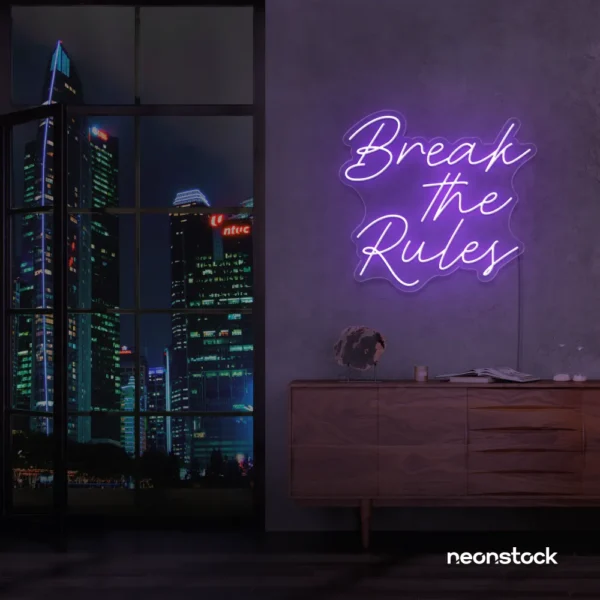 Break the Rules neon sign in purple for rebellious decor, creative studios, and bold interiors.