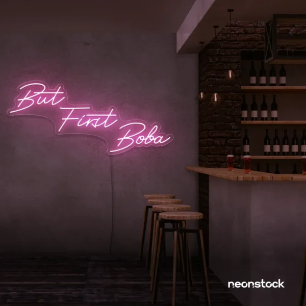 But First Boba neon sign in baby pink for bubble tea shops, cafés, and playful food decor.