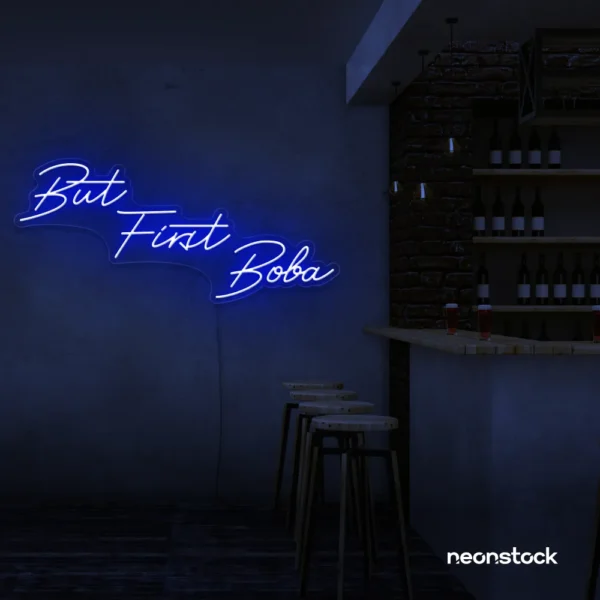 But First Boba neon sign in dark blue for bubble tea shops, cafés, and playful food decor.