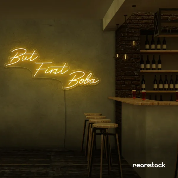 But First Boba neon sign in golden yellow for bubble tea shops, cafés, and playful food decor.