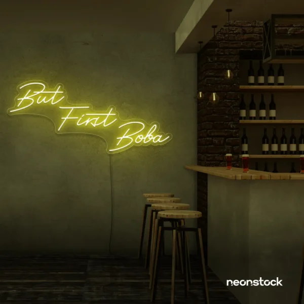 But First Boba neon sign in lemon yellow for bubble tea shops, cafés, and playful food decor.