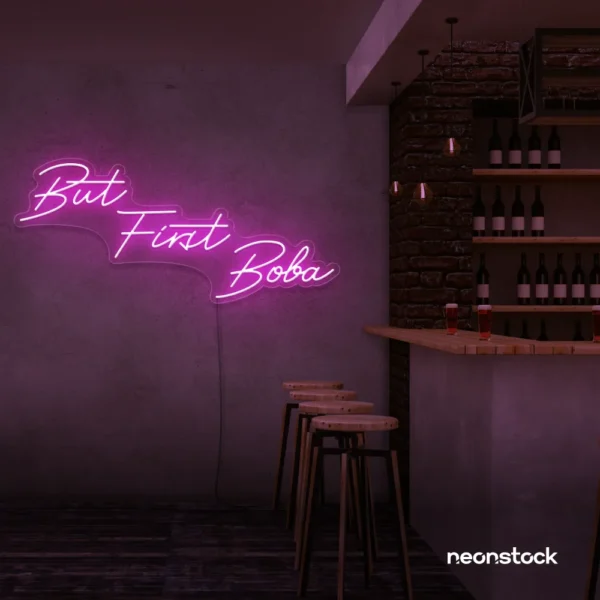 But First Boba neon sign in pink for bubble tea shops, cafés, and playful food decor.