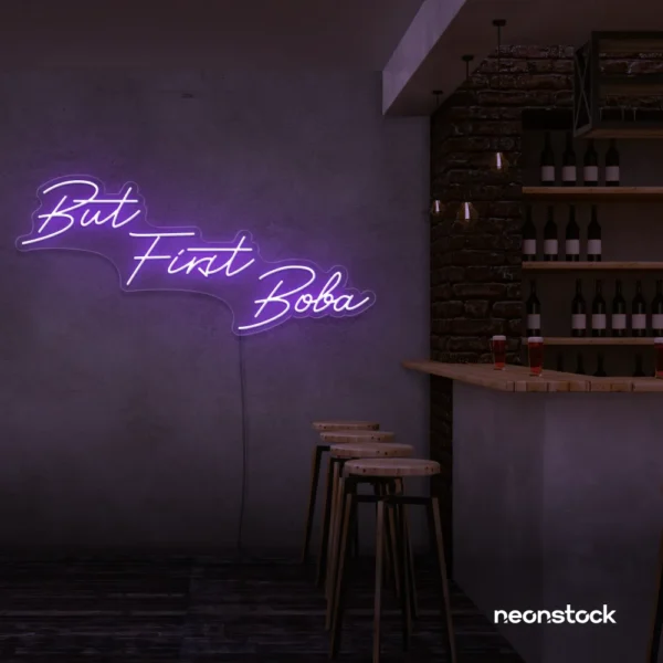 But First Boba neon sign in purple for bubble tea shops, cafés, and playful food decor.