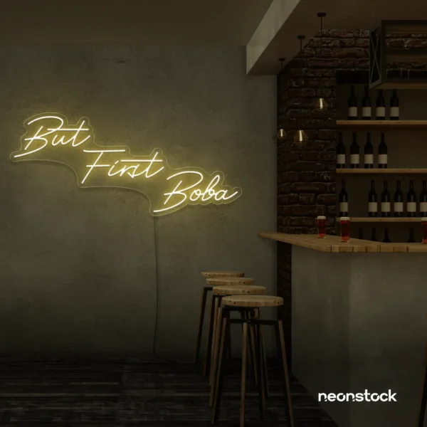 But First Boba neon sign in warm white for bubble tea shops, cafés, and playful food decor.
