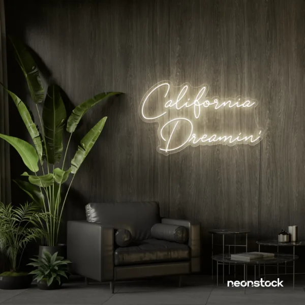 California Dreamin' neon sign in neutral white for beachy decor, cozy interiors, and travel-inspired rooms.