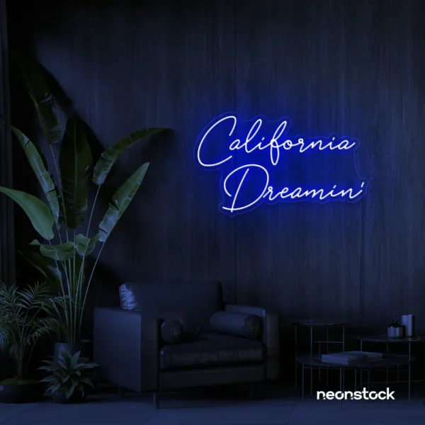 California Dreamin' neon sign in dark blue for beachy decor, cozy interiors, and travel-inspired rooms.