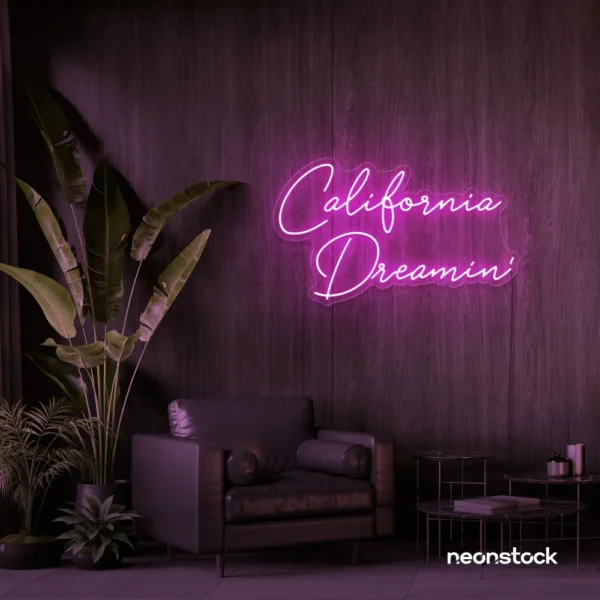 California Dreamin' neon sign in pink for beachy decor, cozy interiors, and travel-inspired rooms.