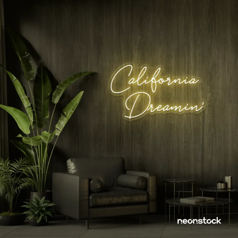 California Dreamin' neon sign in warm white for beachy decor, cozy interiors, and travel-inspired rooms.