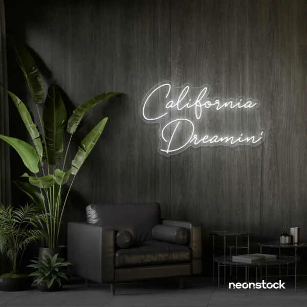 California Dreamin' neon sign in white for beachy decor, cozy interiors, and travel-inspired rooms.