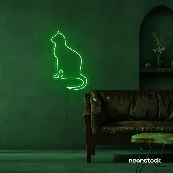 Cat neon sign in deep green for pet lovers, bedroom wall decor, and cozy spaces.