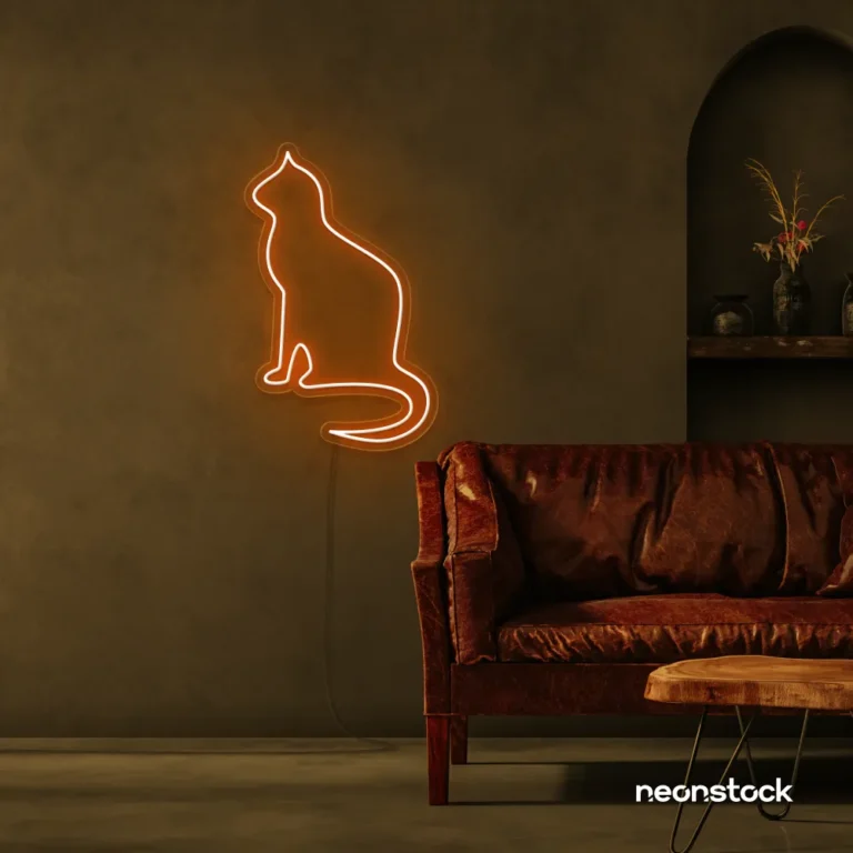 Cat neon sign in orange for pet lovers, bedroom wall decor, and cozy spaces.