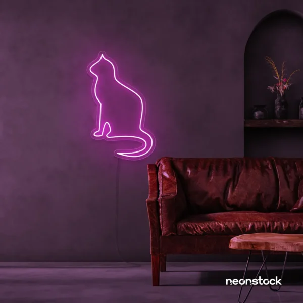 Cat neon sign in pink for pet lovers, bedroom wall decor, and cozy spaces.