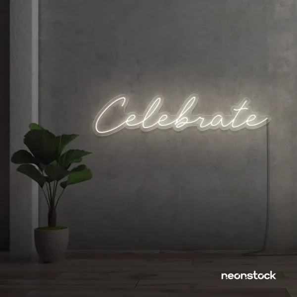 Celebrate neon sign in neutral white for parties, events, and festive wall decor.