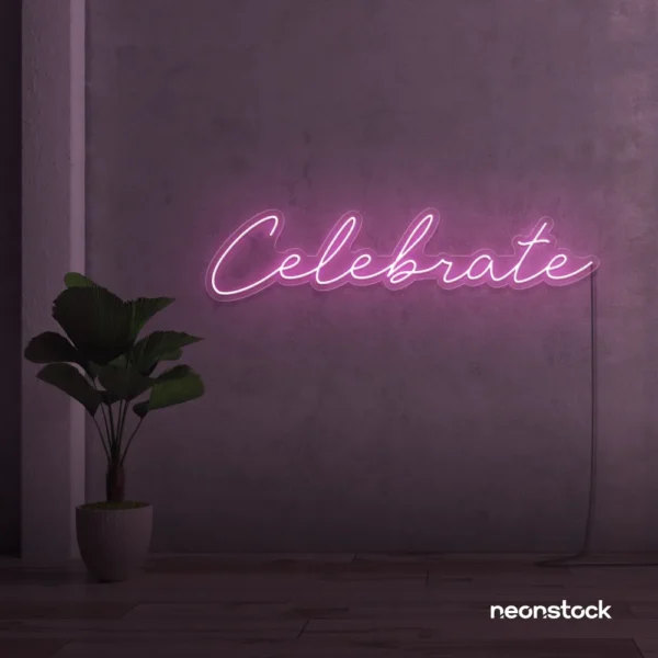 Celebrate neon sign in baby pink for parties, events, and festive wall decor.