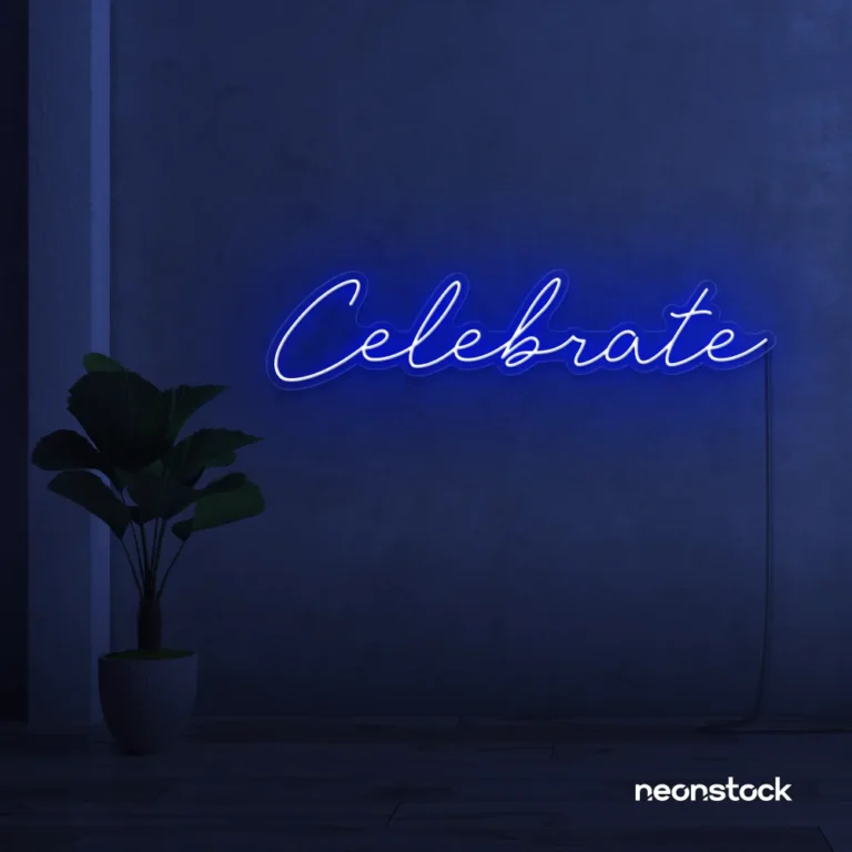 Celebrate neon sign in dark blue for parties, events, and festive wall decor.