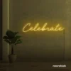 Celebrate neon sign in golden yellow for parties, events, and festive wall decor.