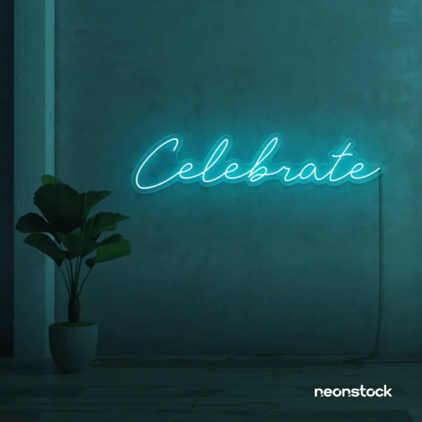 Celebrate neon sign in mint green for parties, events, and festive wall decor.
