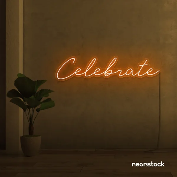 Celebrate neon sign in orange for parties, events, and festive wall decor.