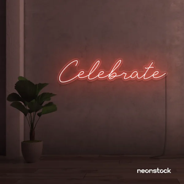 Celebrate neon sign in peachy pink for parties, events, and festive wall decor.