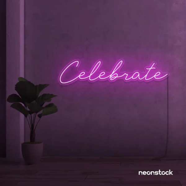 Celebrate neon sign in pink for parties, events, and festive wall decor.