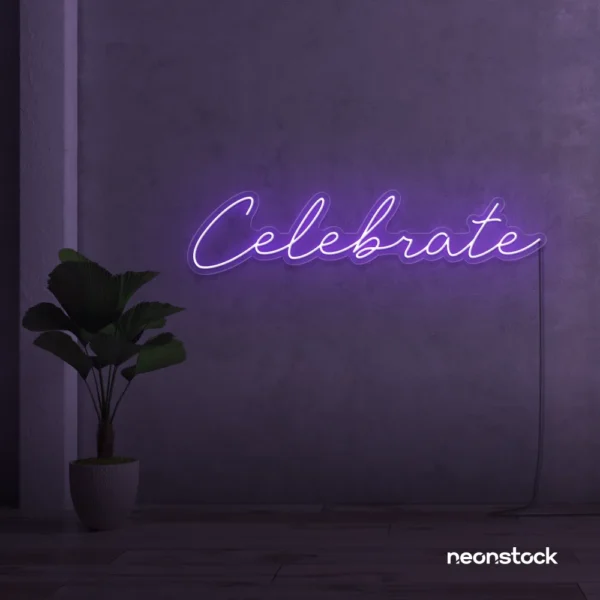 Celebrate neon sign in purple for parties, events, and festive wall decor.