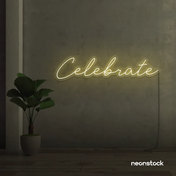 Celebrate neon sign in warm white for parties, events, and festive wall decor.