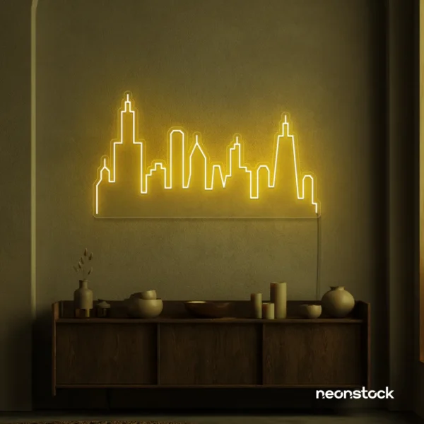 Skyline neon sign in golden yellow color