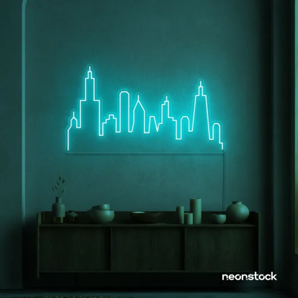 Skyline neon sign in mint green color