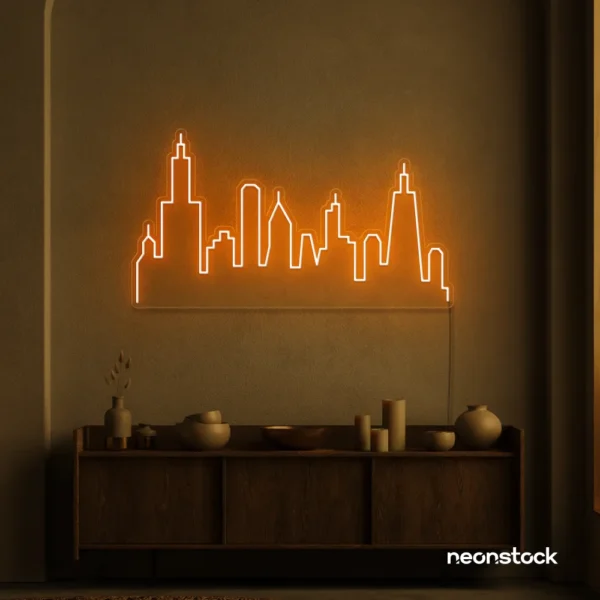 Skyline neon sign in orange color