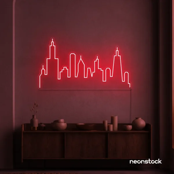 Skyline neon sign in red color