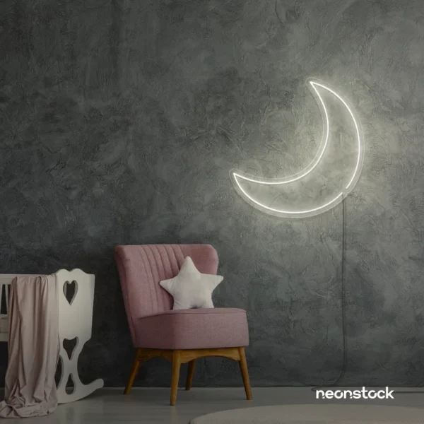 Moon neon sign in neutral white for kids' rooms, nurseries, and celestial-themed home decor.