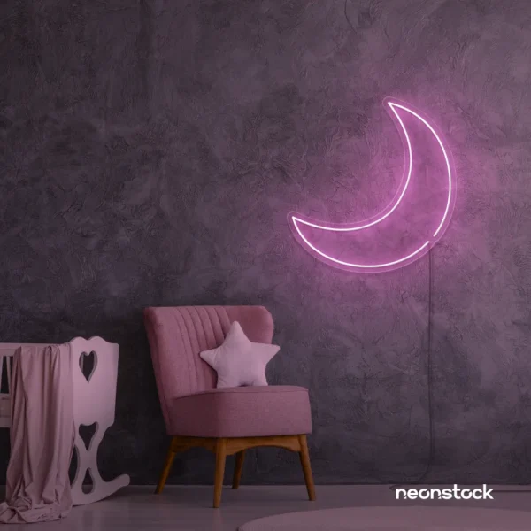 Moon neon sign in baby pink for kids' rooms, nurseries, and celestial-themed home decor.