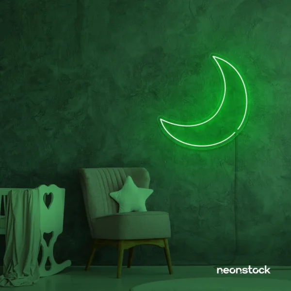 Moon neon sign in deep green for kids' rooms, nurseries, and celestial-themed home decor.