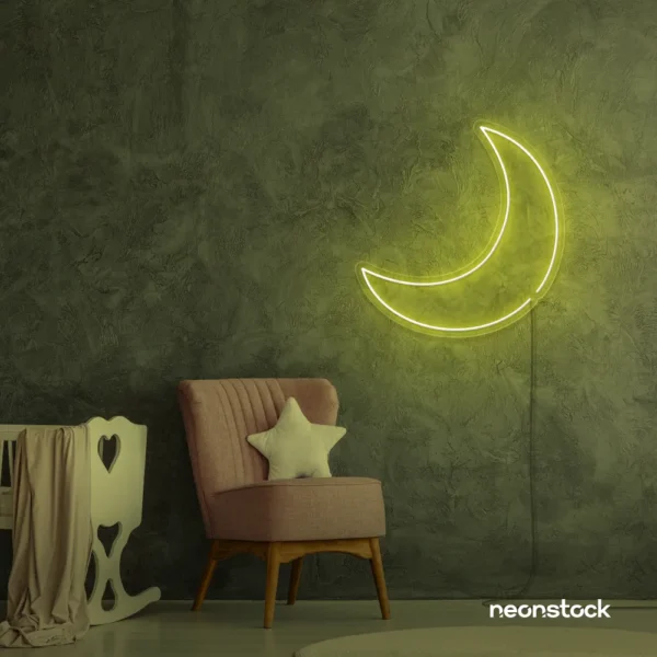 Moon neon sign in lemon yellow for kids' rooms, nurseries, and celestial-themed home decor.