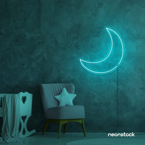 Moon neon sign in mint green for kids' rooms, nurseries, and celestial-themed home decor.