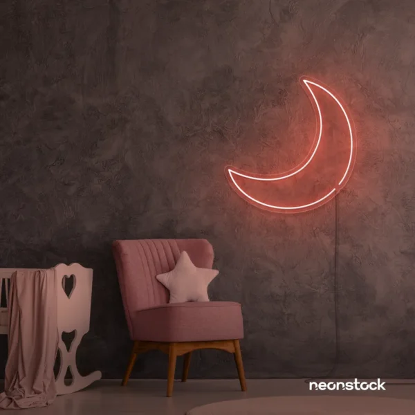 Moon neon sign in peachy pink for kids' rooms, nurseries, and celestial-themed home decor.