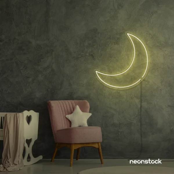 Moon neon sign in warm white for kids' rooms, nurseries, and celestial-themed home decor.