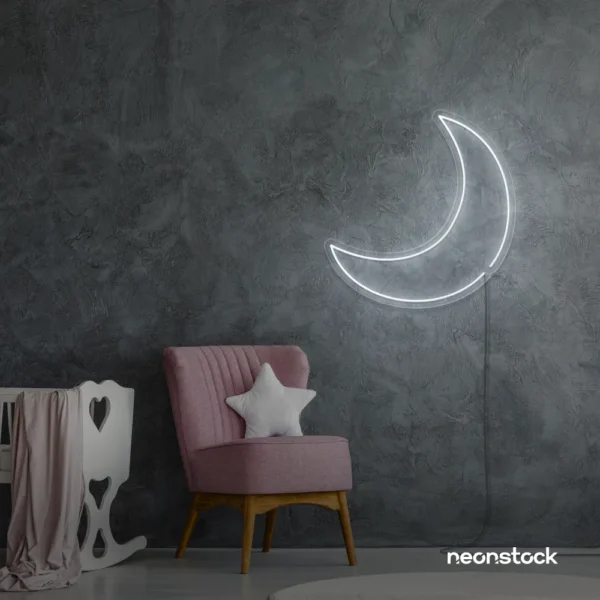 Moon neon sign in white for kids' rooms, nurseries, and celestial-themed home decor.