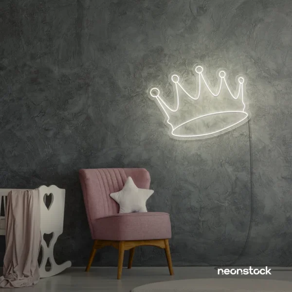 Crown neon sign in neutral white for kids' rooms, princess themes, and royal wall decor.