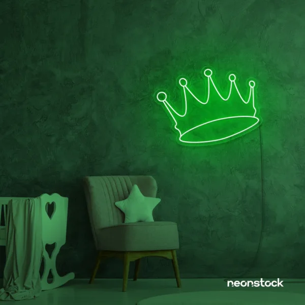 Crown neon sign in deep green for kids' rooms, princess themes, and royal wall decor.