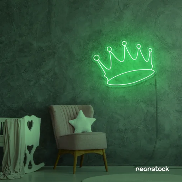 Crown neon sign in green for kids' rooms, princess themes, and royal wall decor.