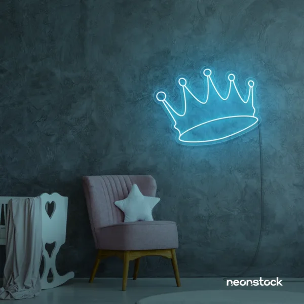 Crown neon sign in ice blue for kids' rooms, princess themes, and royal wall decor.