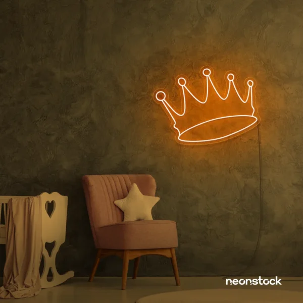 Crown neon sign in orange for kids' rooms, princess themes, and royal wall decor.