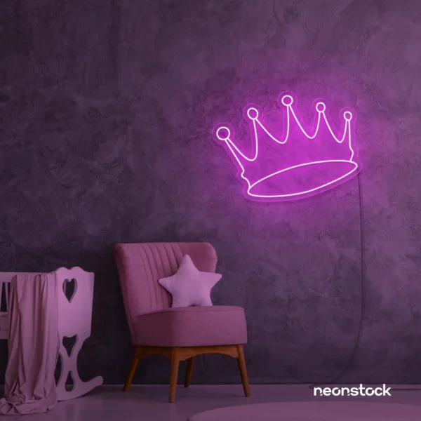 Crown neon sign in pink for kids' rooms, princess themes, and royal wall decor.