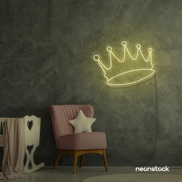 Crown neon sign in warm white for kids' rooms, princess themes, and royal wall decor.