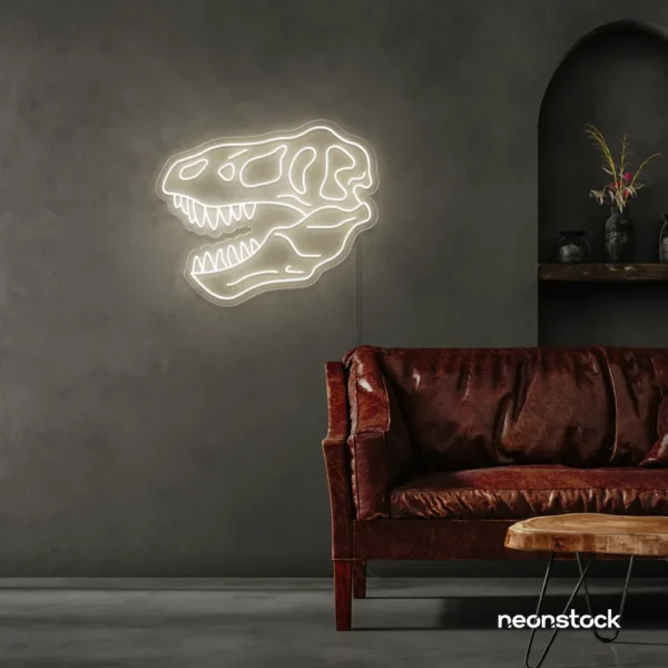 Dinosaur skull neon sign in neutral white for prehistoric wall art and edgy decor.