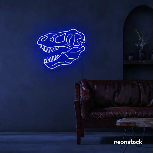 Dinosaur skull neon sign in dark blue for prehistoric wall art and edgy decor.